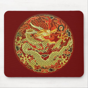 Tapis De Souris Dragon asiatique d'or brodé sur rouge foncé
