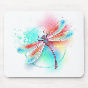 Tapis De Souris Dragonfly rouge sur l'arrière - plan aquarelle