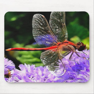 Tapis De Souris Dragonfly rouge sur Violet Violet Fleurs