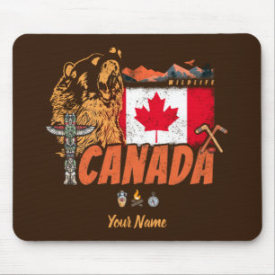 Tapis De Souris Drapeau Vintage Du Canada Et Vacances Ours Grizzli