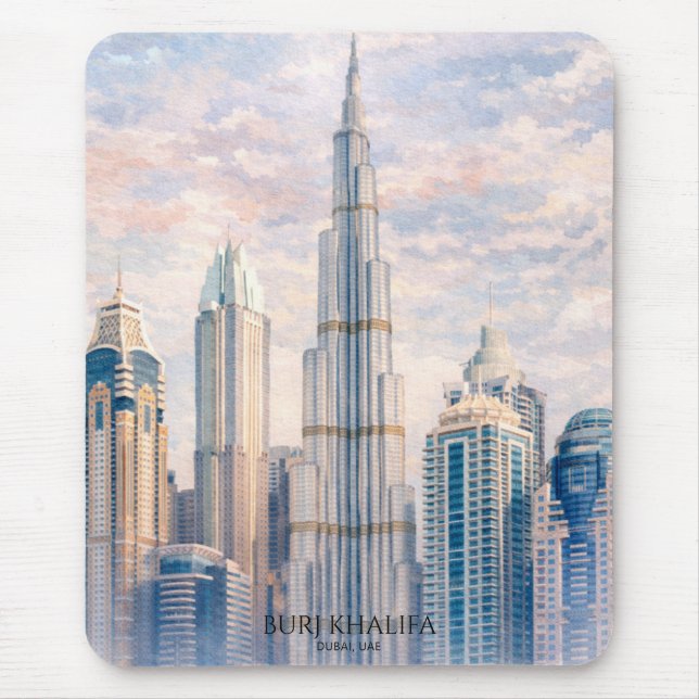 Tapis De Souris Dubai Burj Khalifa Luxury City Skyline Watercolor  (Devant)