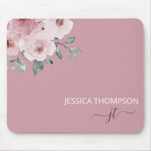 Tapis De Souris Dusty Rose Floral Moderne Monogramme Nom