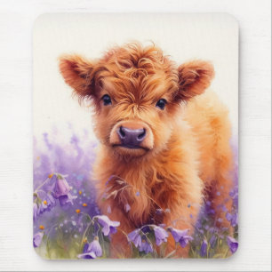Tapis De Souris Écossais Highland Vache Calf Violet Fleurs sauvage
