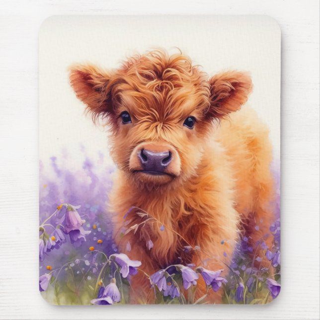 Tapis De Souris Écossais Highland Vache Calf Violet Fleurs sauvage (Devant)