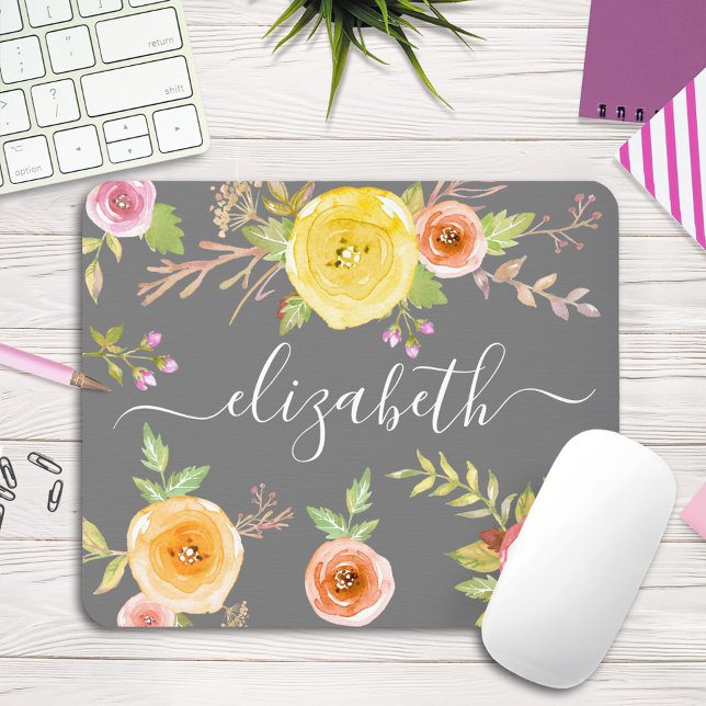 Tapis De Souris Écriture monogramme gris d'aquarelle fleurie de sa (Créateur téléchargé)