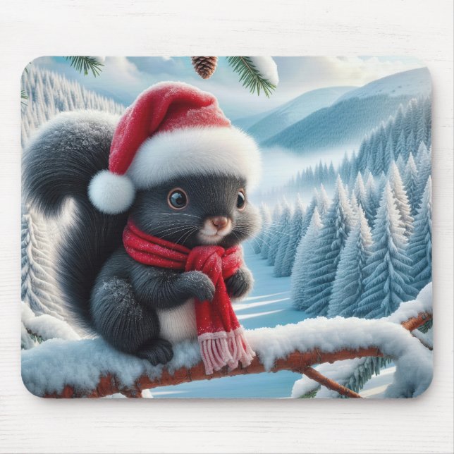 Tapis De Souris Écureuil noir avec chapeau de Père Noël (Devant)