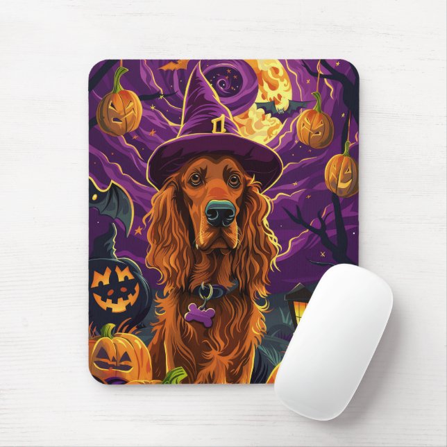 Tapis De Souris Éffrayant Irish Red Setter Citrouille de sorcière  (Avec souris)