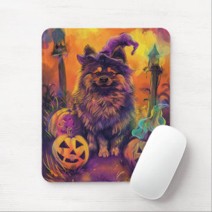 Tapis De Souris Éffrayant Keeshond Chien Halloween sorcière et Cit