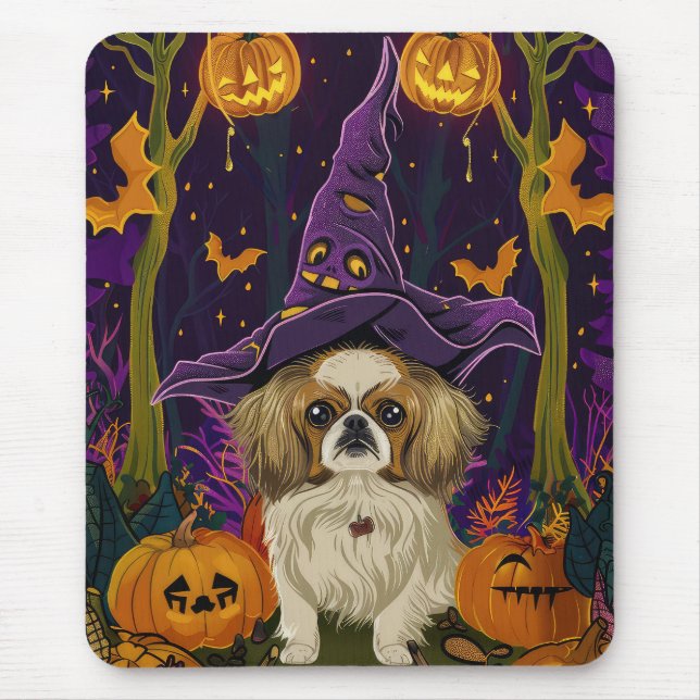 Tapis De Souris Éffrayant Pekingese Chien Halloween sorcière et Ci (Devant)