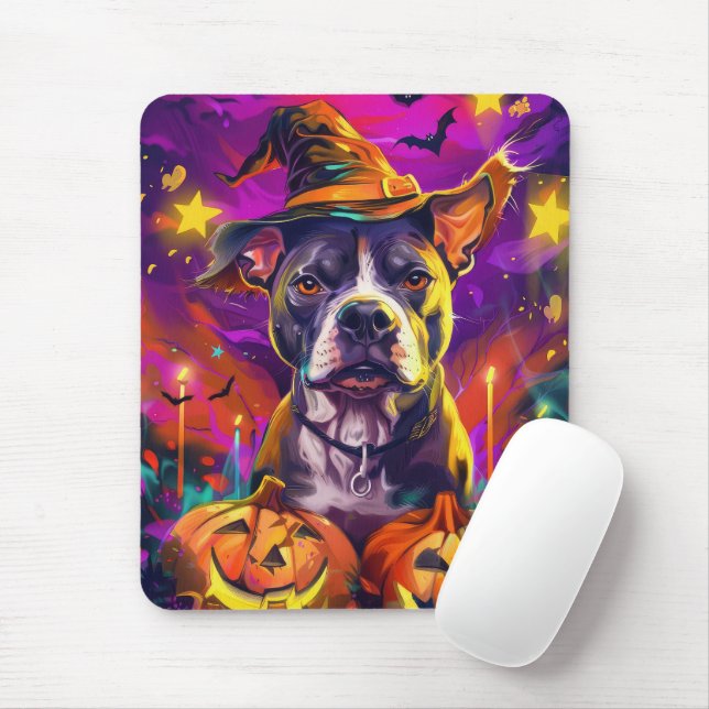 Tapis De Souris Éffrayant Pitbull Chien Halloween sorcière et Citr (Avec souris)