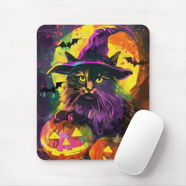 Tapis De Souris Éffrayant Turc Angora Chat Halloween Citrouille so (Avec souris)