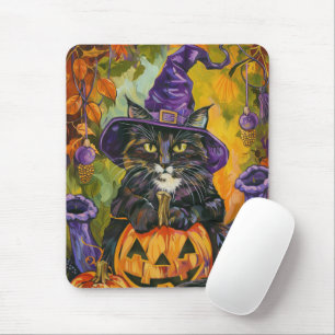 Tapis De Souris Éffrayant Tuxedo Chat Halloween Sorcière Et Citrou