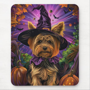 Tapis De Souris Éffrayant Yorkipoo Chien Halloween sorcière et Cit
