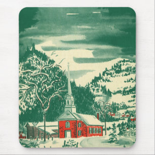 Tapis De Souris Église de Noël vintage, paysage enneigé en hiver