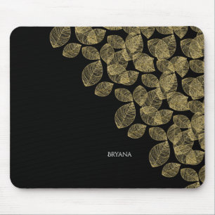 Tapis De Souris Élégance d'automne noir Feuille d'or