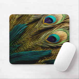 Tapis De Souris Elegant Abstract Teal Blue Gold Peacock Feathers
