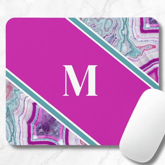 Tapis De Souris Élégant Agate Monogramme initial (Girly Teal Purple Agate Stone Initial Monogram Mouse Pad)