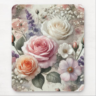 Tapis de souris élégant aquarelle roses roses blan