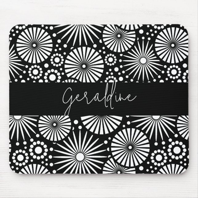 Tapis De Souris Elegant Black White Geometric Starburst Name  (Devant)