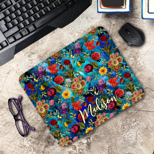 Tapis De Souris Élégant bleu Floral patron monogramme