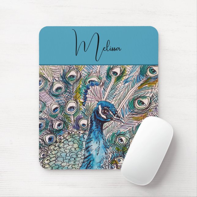 Tapis De Souris Elégant bleu Peacock Aquarelle Art Anniversaire (Avec souris)