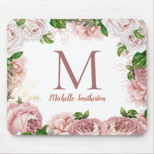 Tapis De Souris Élégant Blush Rose Floral Blanc Monogramme