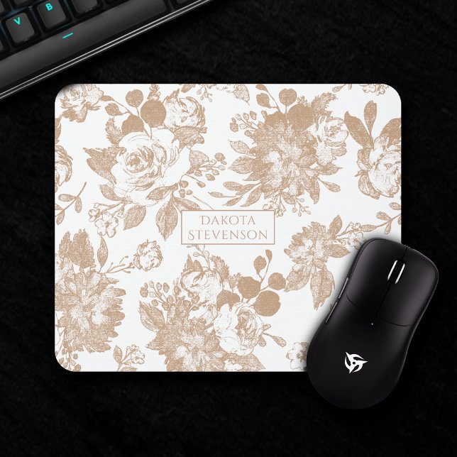 Tapis De Souris Élégant botanique | Floral or blanc et Rose (Créateur téléchargé)