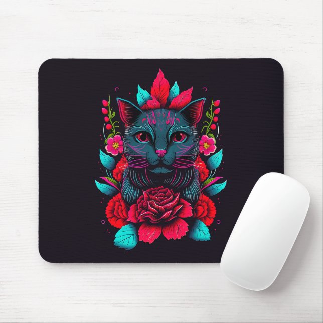 Tapis De Souris Élégant chat noir entouré de roses rouges | (Avec souris)