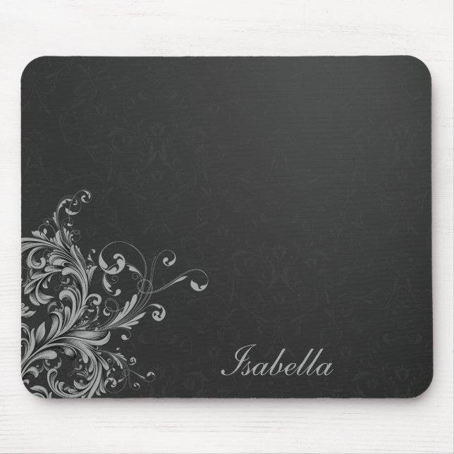 Tapis De Souris Elégant damas noir blanc avec floral (Devant)