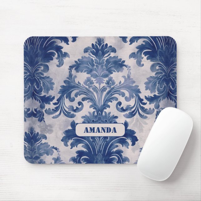 Tapis De Souris Élégant damassé Bleu toile de jouy monogramme (Avec souris)