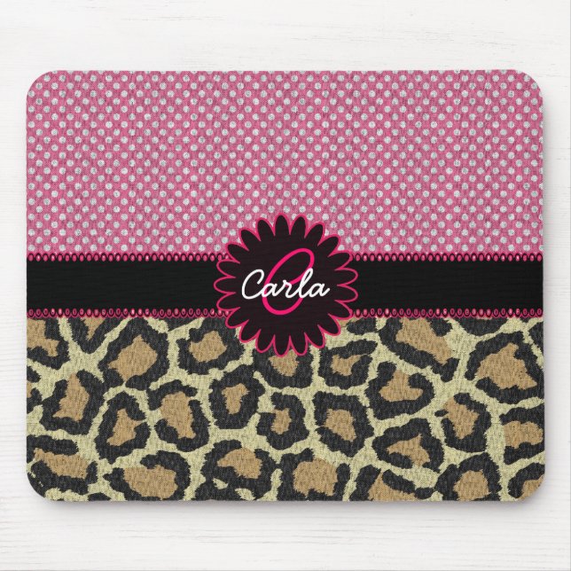 Tapis De Souris Élégant Empreinte de léopard et monogramme Polka D (Devant)
