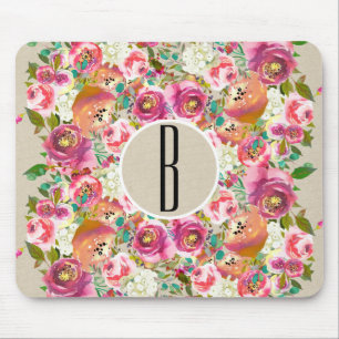 Tapis De Souris Élégant Floral Rustique Kraft Monogramme Shabby Ch