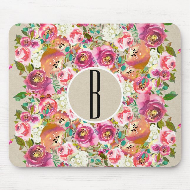 Tapis De Souris Élégant Floral Rustique Kraft Monogramme Shabby Ch (Devant)