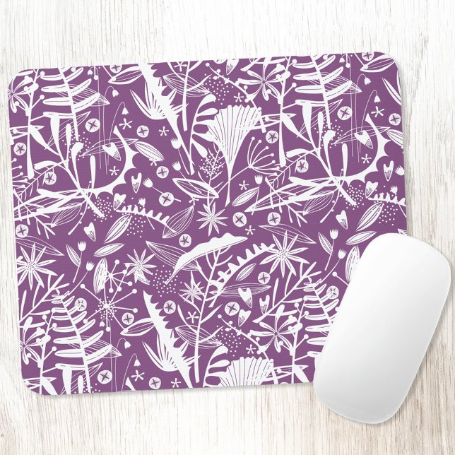 Tapis De Souris Élégant Folle Botanique Violet (Purple and white botanical pattern mousemat)