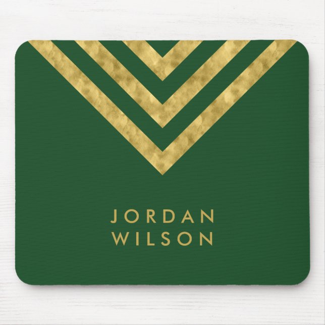 Tapis De Souris Elégant Green Faux Gold Nom Chevron Géométrique (Devant)