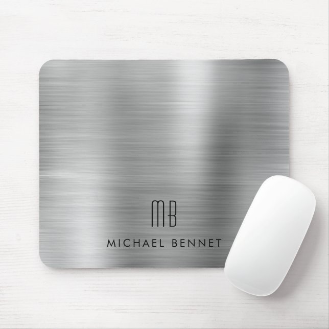 Tapis De Souris Élégant gris argenté Nom du monogramme métallique (Avec souris)