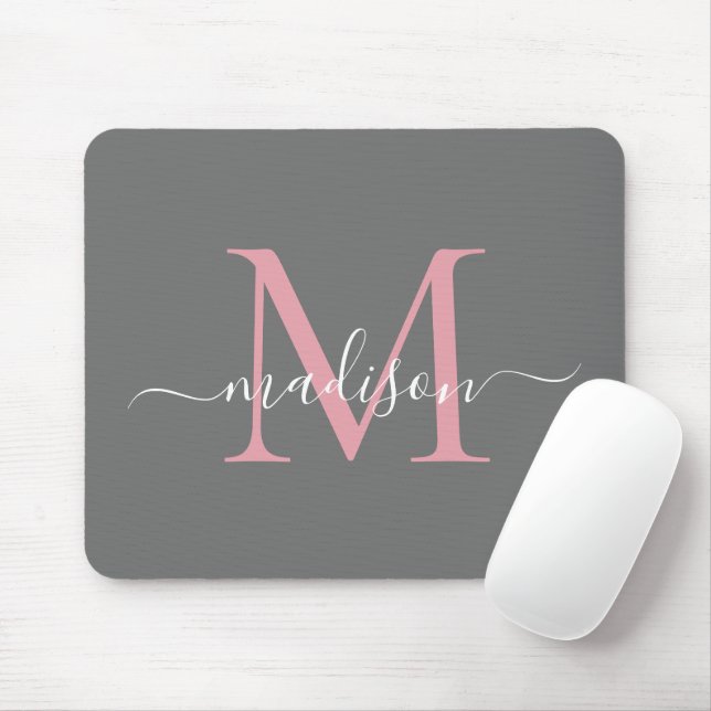 Tapis De Souris Élégant Gris Blush Pink Monogramme moderne (Avec souris)