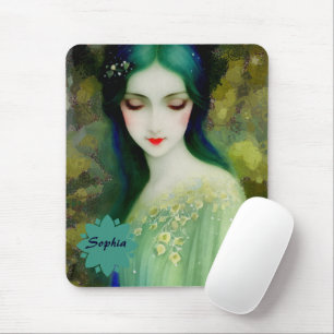 Tapis De Souris Élégant Imaginaire Portrait femme en vert et bleu