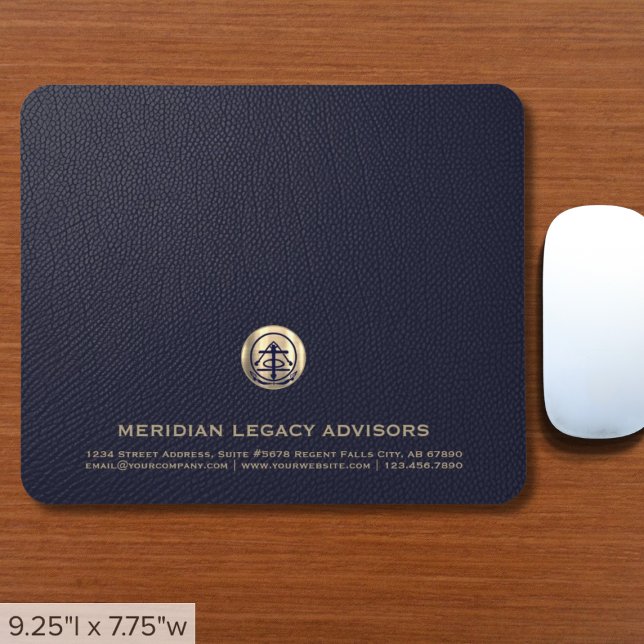 Tapis De Souris Élégant logo en cuir bleu luxe or (Elegant Blue Leather Print Mousepad with Customizable Gold Logo Customizable for Any Profession)