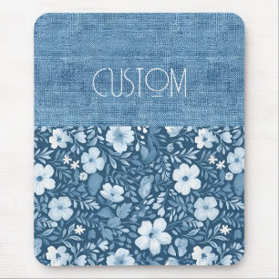 Tapis De Souris Élégant look Botanique Bleu Faux Denim