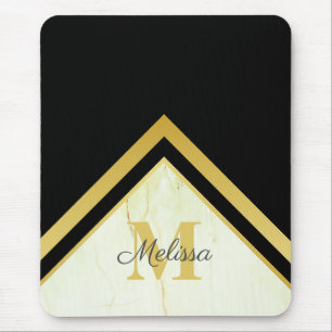 Tapis De Souris Élégant marbre noir or Chevron Monogramme