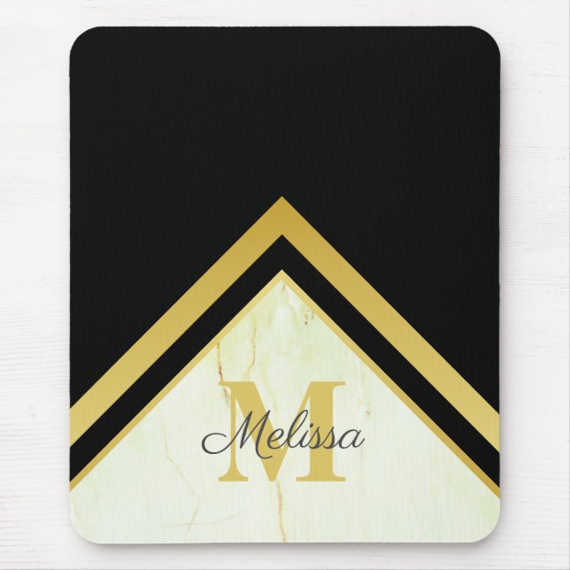 Tapis De Souris Élégant marbre noir or Chevron Monogramme (Devant)