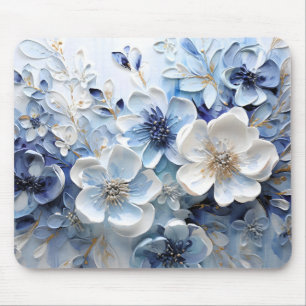 Tapis De Souris Élégant Moderne Fleur Botanique Bleu Blanc