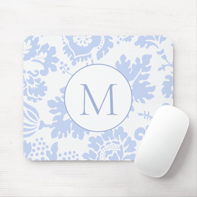 Tapis De Souris Élégant Monogramme Bleu Floral Botanique (Avec souris)