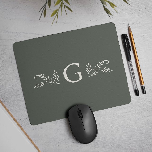 Tapis De Souris Élégant Monogramme botanique vert (Créateur téléchargé)