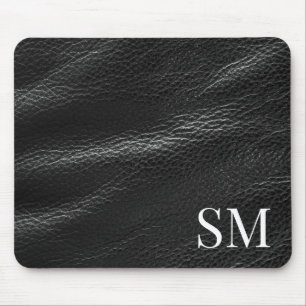 Tapis De Souris Élégant Monogramme en cuir noir minimal