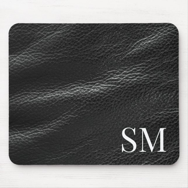 Tapis De Souris Élégant Monogramme en cuir noir minimal (Devant)
