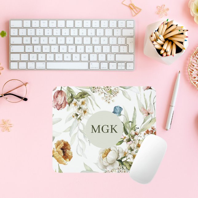 Tapis De Souris Élégant Monogramme Floral Pays (Créateur téléchargé)