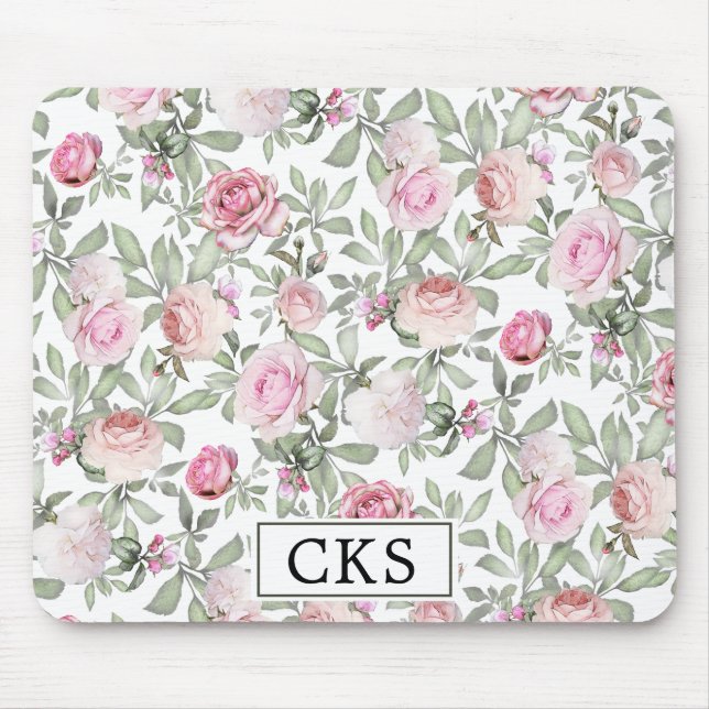 Tapis De Souris Élégant Monogramme floral rose (Devant)