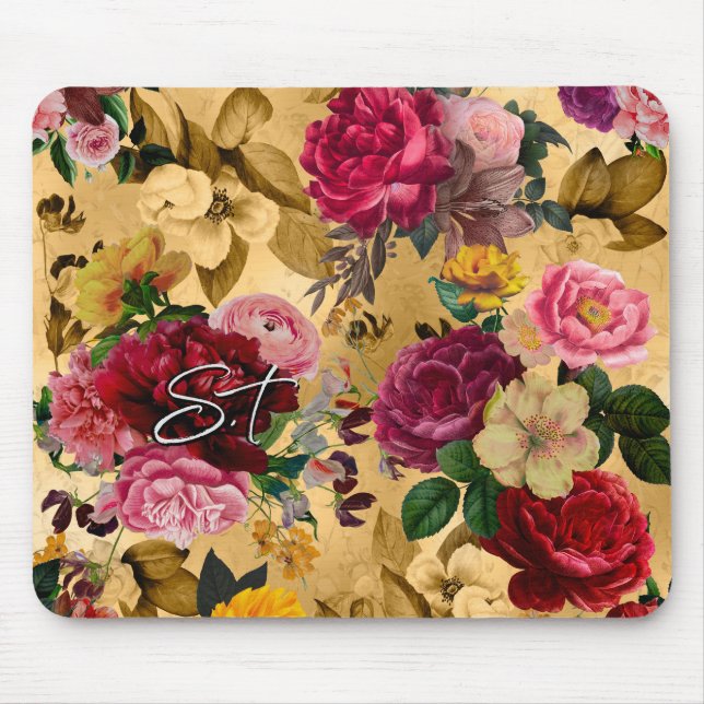 Tapis De Souris Élégant monogramme jaune de fleurs roses (Devant)